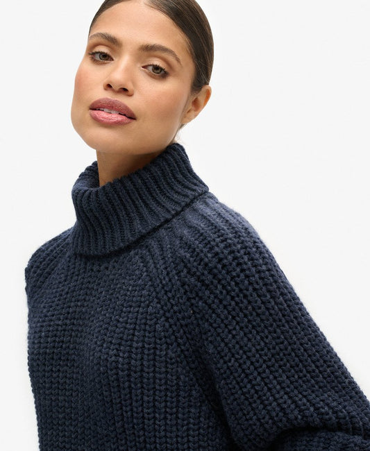 Slouchy Stitch Roll Neck Knit | Navy Marle