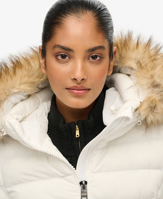 Fuji Faux Fur Slim Fit Hood Padded Jacket | Bright White