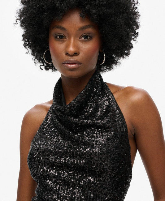 Halter Neck Sequin Slim Fit Top | Black Plain Sequin