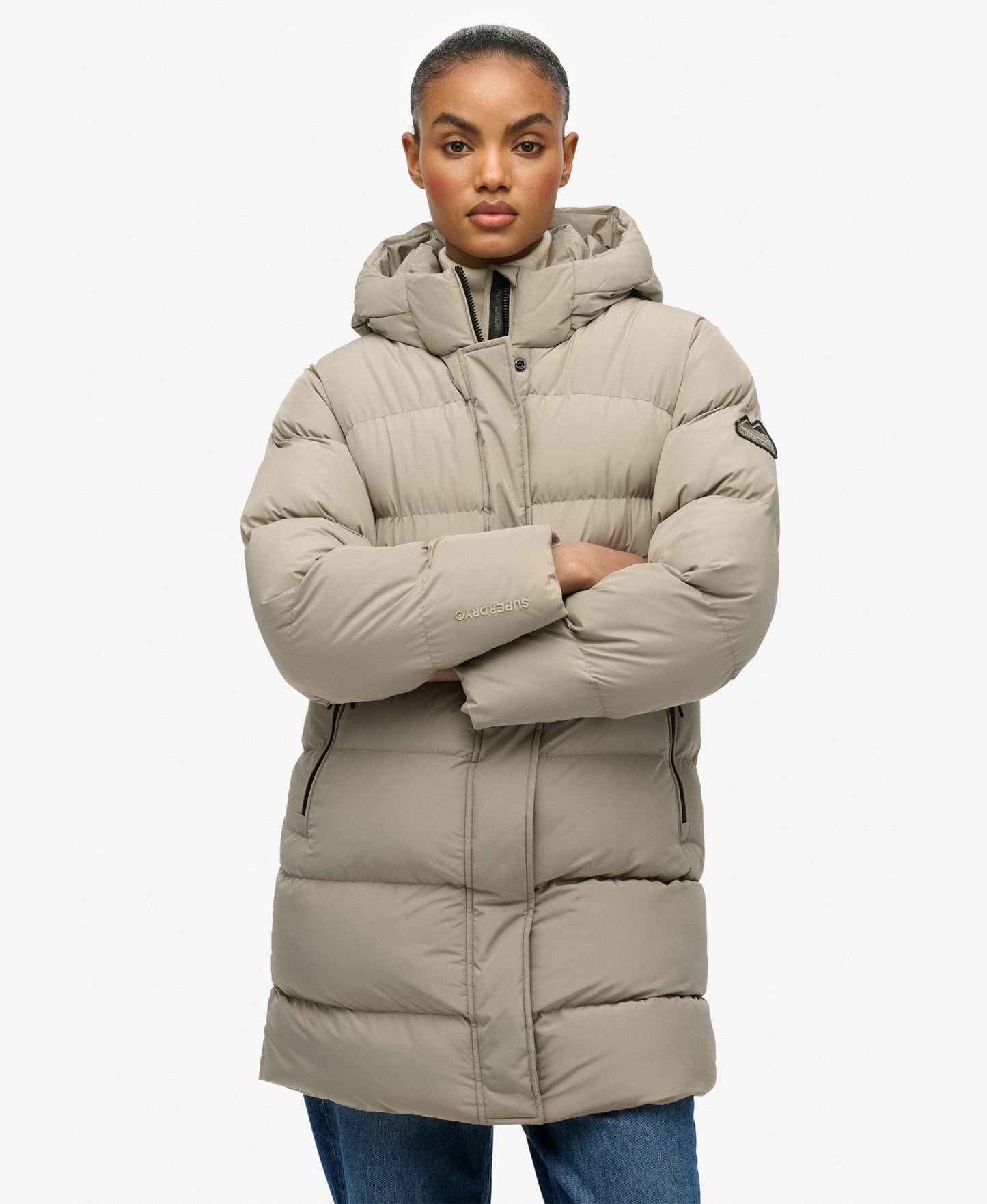 Hooded Sports Puffer Mid Jacket | Winter Twig Beige