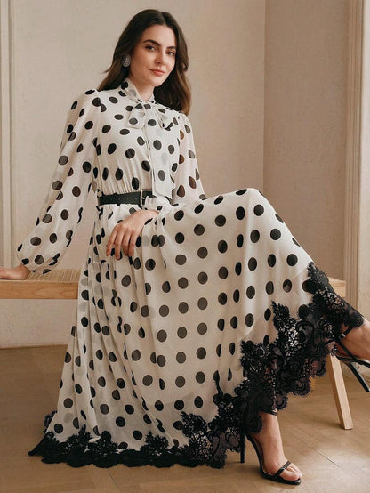 Women's Polka Dot Chiffon Lace Splice Tie Waist Elegant Dress