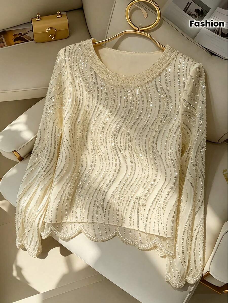Elegant Luxurious Beaded & Sequin Round Neck Top