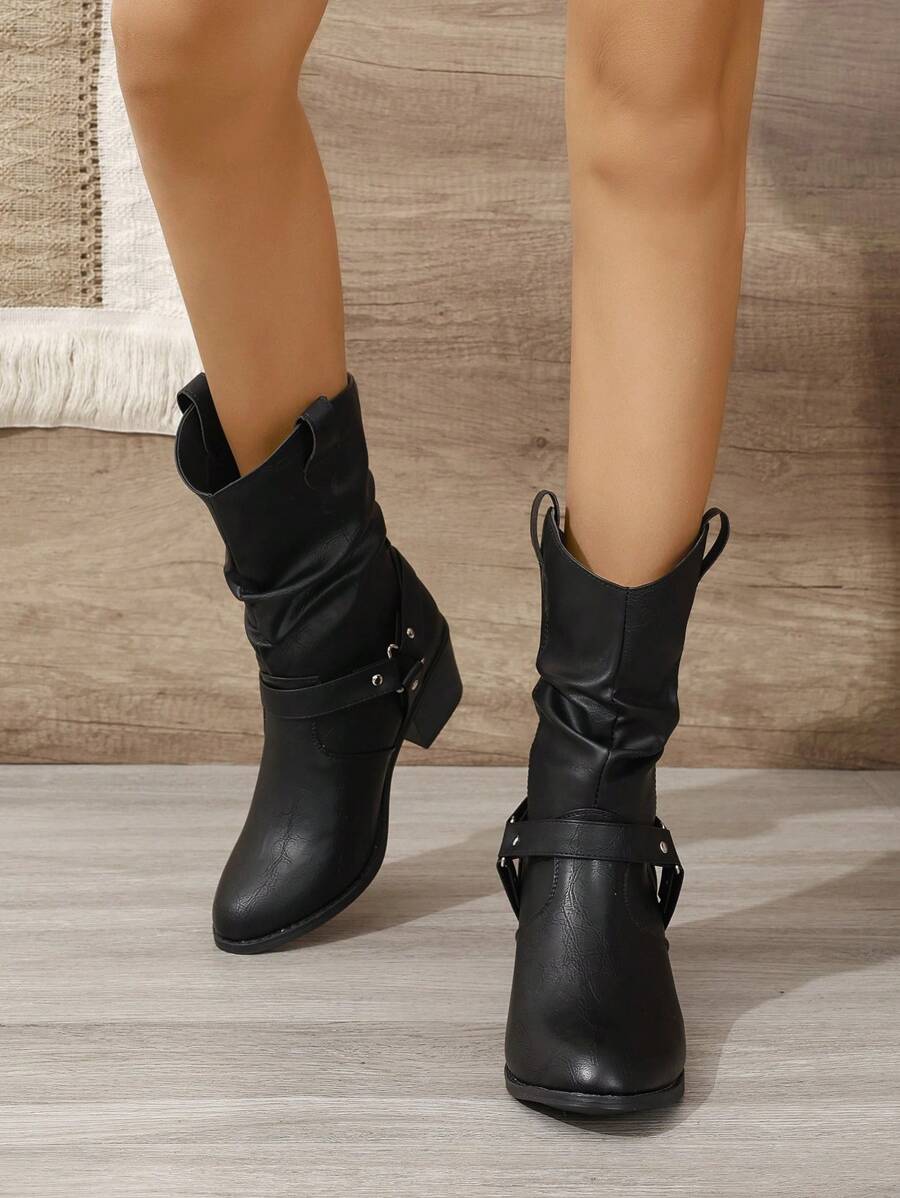 Buckle Decor Mid Calf Casual Riding Boots