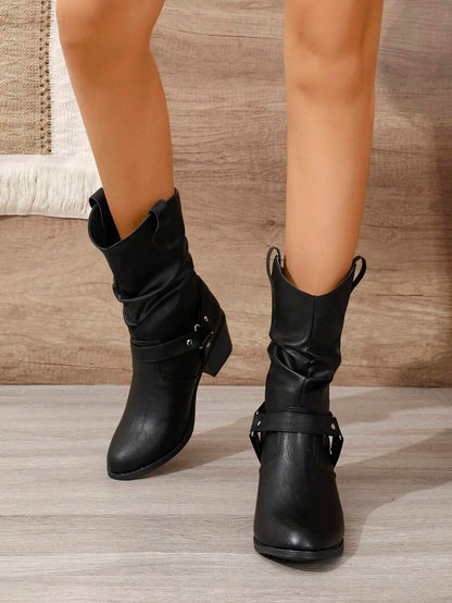 Buckle Decor Mid Calf Casual Riding Boots