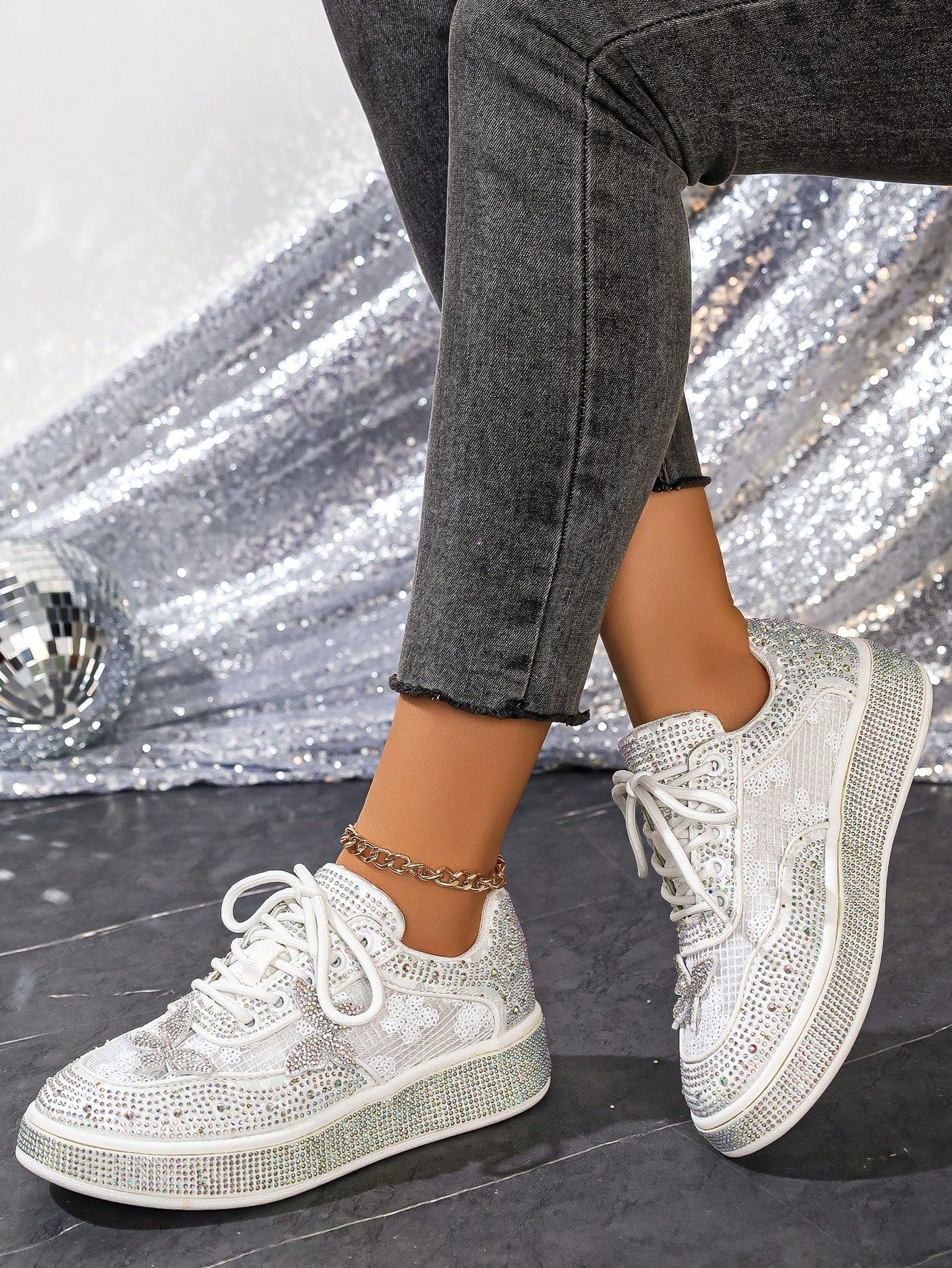 Comfortable Ultra-Light Fully Rhinestoned White Sneakers