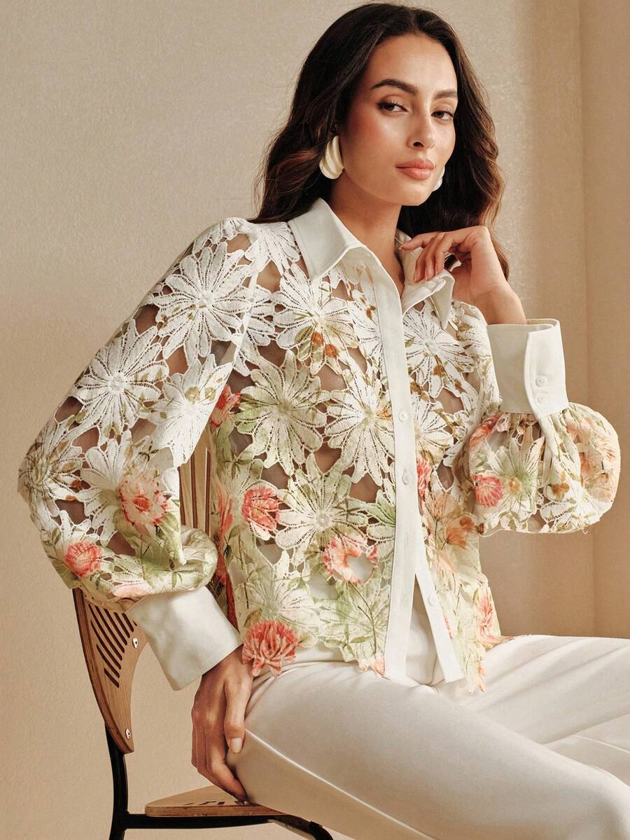 Women's Lightweight Luxury Versatile Printed Hollow Blouse