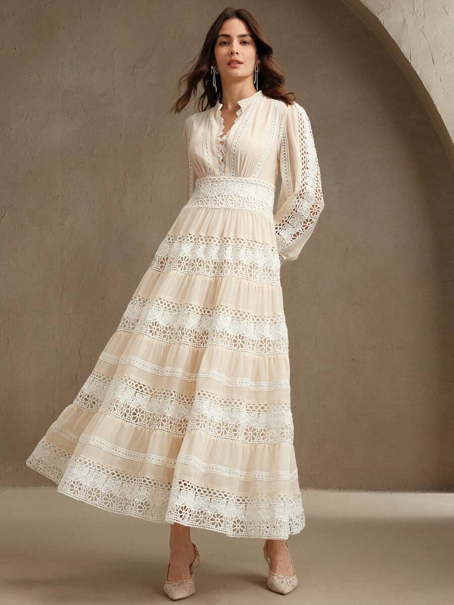 French Fashion Palace Hollow Splice Soft Lace Trim Maxi Dress