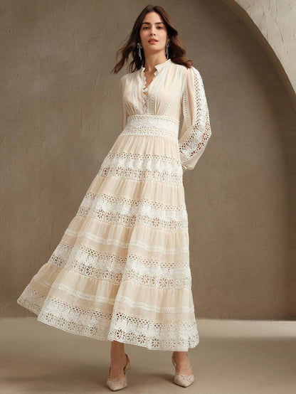 French Fashion Palace Hollow Splice Soft Lace Trim Maxi Dress