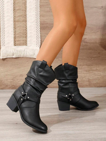 Buckle Decor Mid Calf Casual Riding Boots