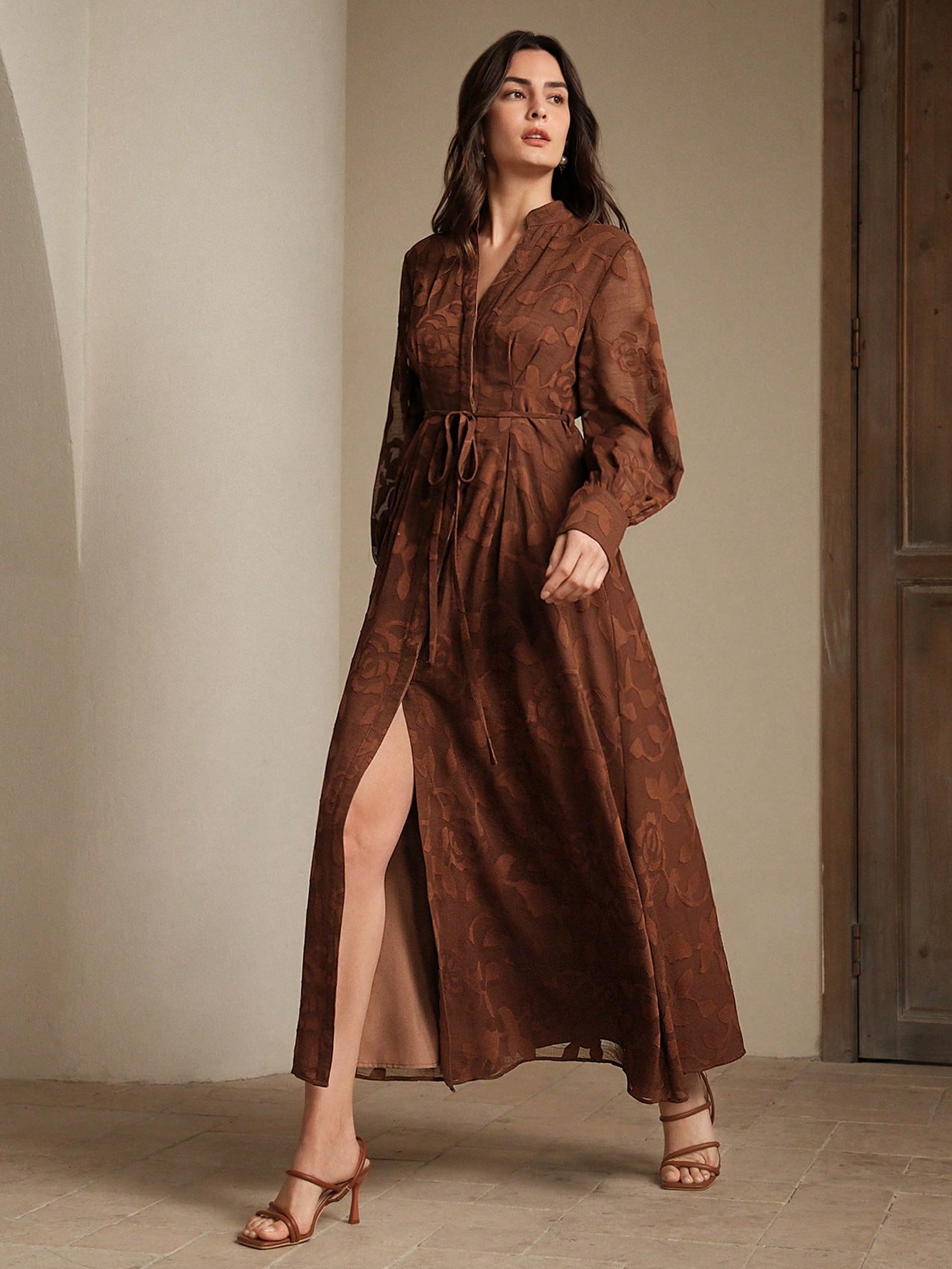 Elegant Floral V-Neck Lantern Sleeve Waist Cinched Dress