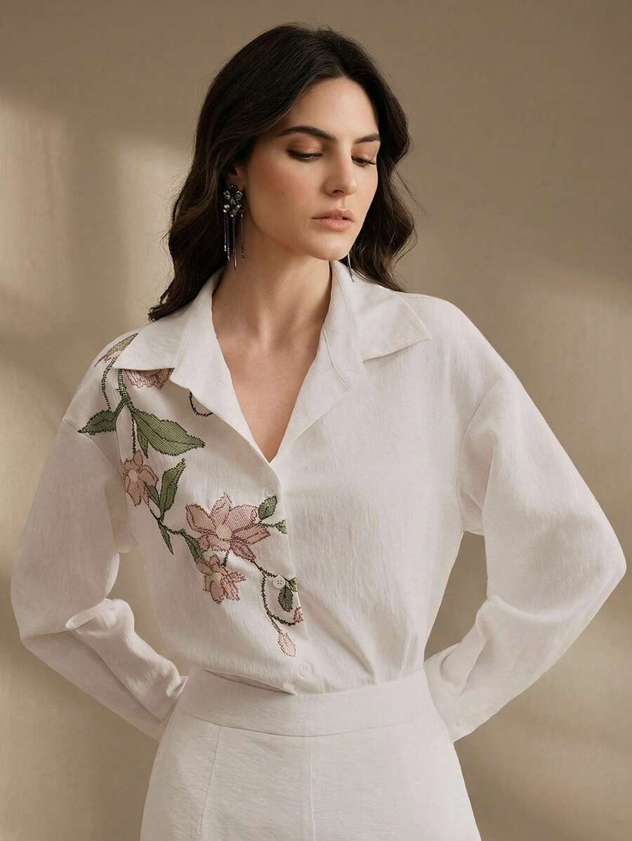 Elegant Embroidered Long Sleeve Casual Blouse For Women