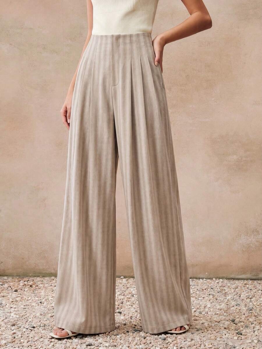 High Waist Pleated A-Line Striped Wide Leg Trousers