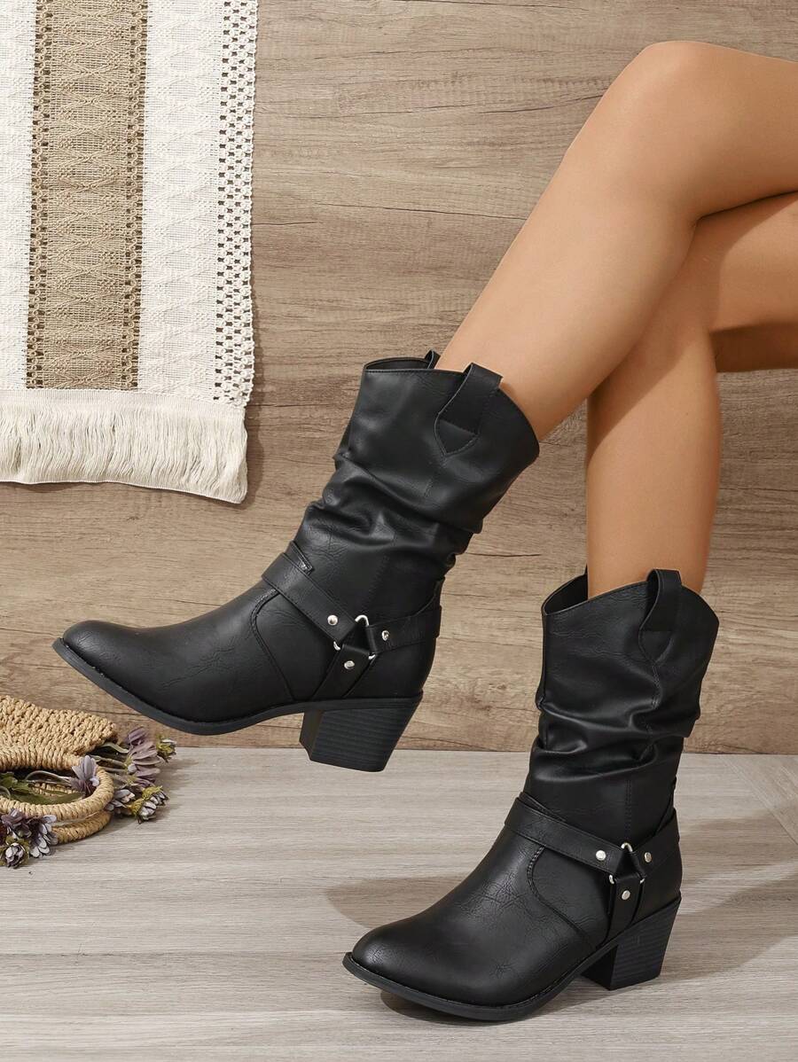 Buckle Decor Mid Calf Casual Riding Boots