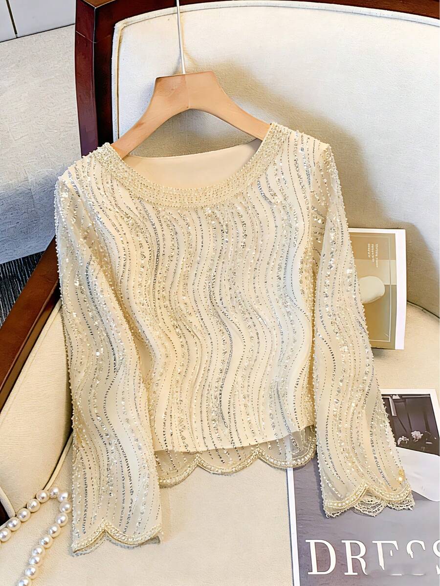 Elegant Luxurious Beaded & Sequin Round Neck Top