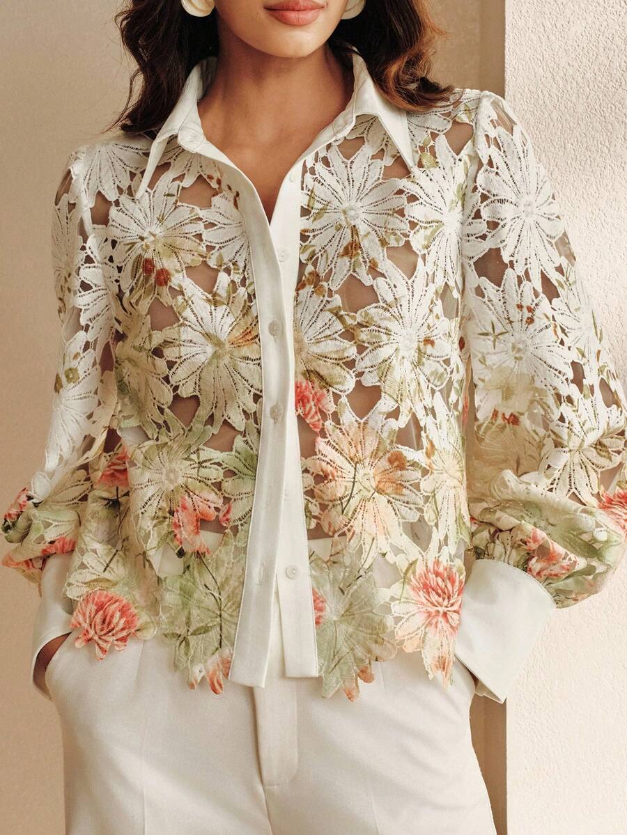 Women's Lightweight Luxury Versatile Printed Hollow Blouse