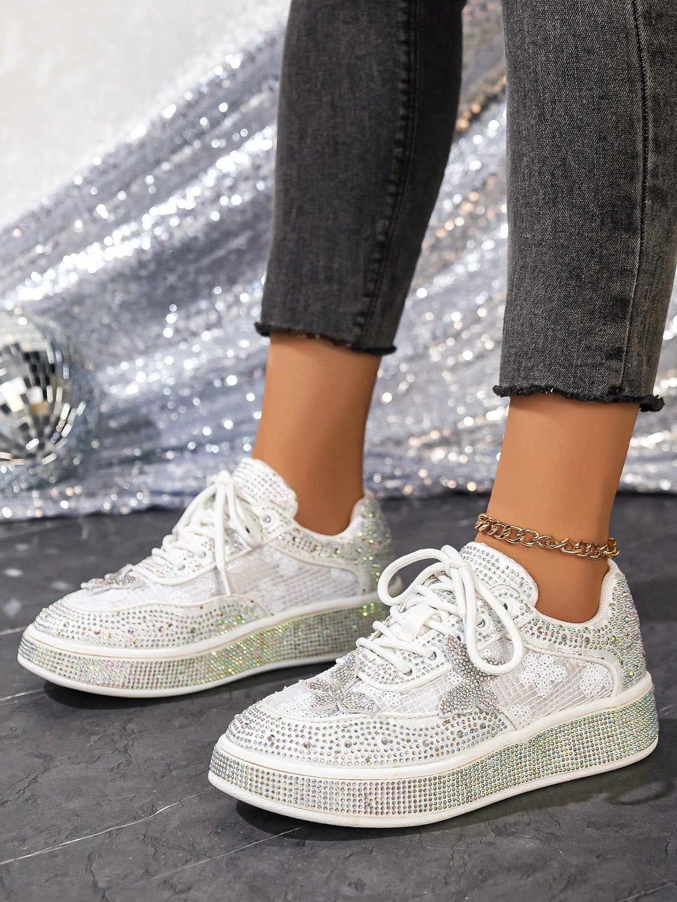Comfortable Ultra-Light Fully Rhinestoned White Sneakers