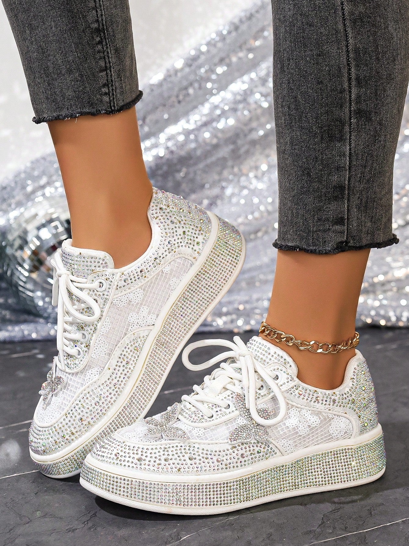 Comfortable Ultra-Light Fully Rhinestoned White Sneakers