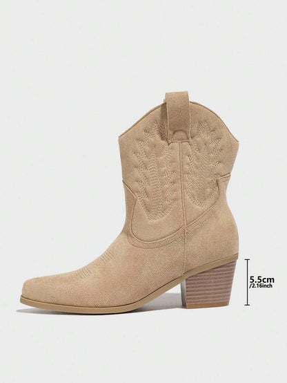 Suede Embroidered Mid-Heel Cowgirl Ankle Boots