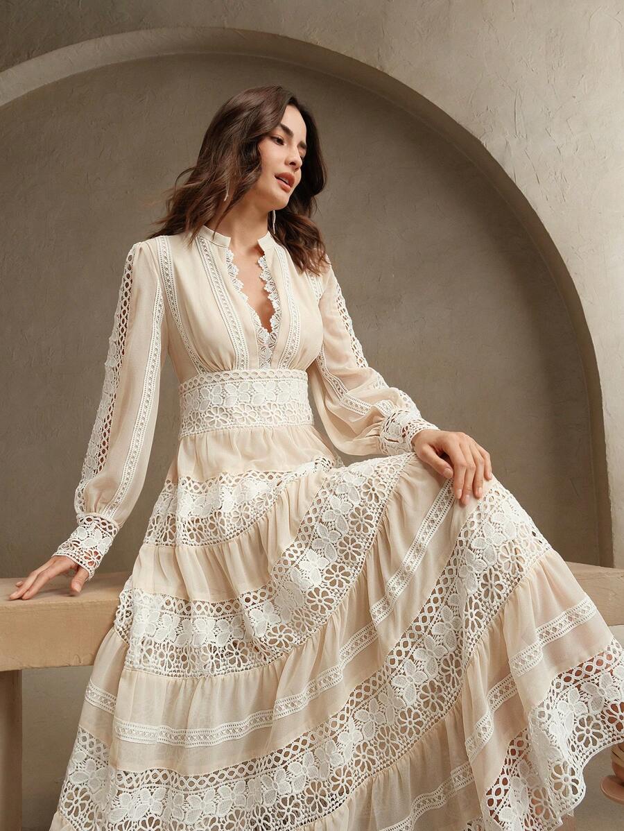 French Fashion Palace Hollow Splice Soft Lace Trim Maxi Dress