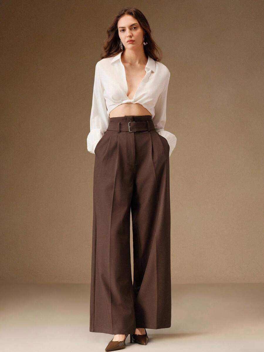 Women's Solid Color Pleated Wide Leg Pants