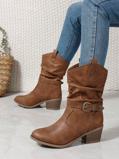 Buckle Decor Mid Calf Casual Riding Boots