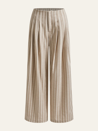 High Waist Pleated A-Line Striped Wide Leg Trousers