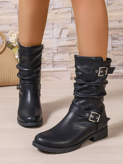 PU Leather Wavy Straps Buckle Patchwork Side Zipper Boots
