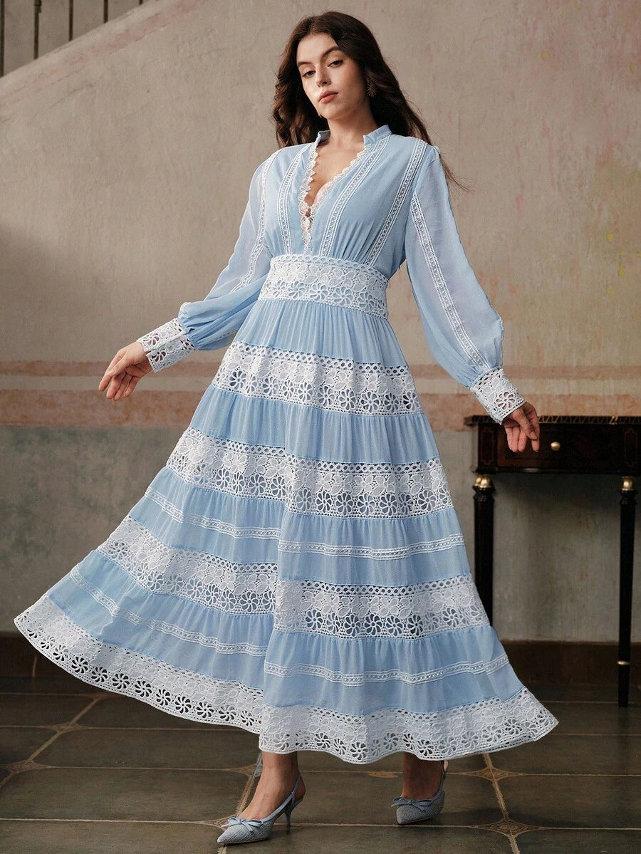 French Fashion Palace Hollow Splice Soft Lace Trim Maxi Dress