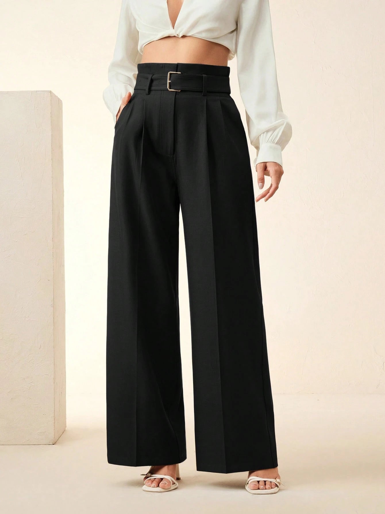 Women's Solid Color Pleated Wide Leg Pants