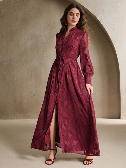 Elegant Floral V-Neck Lantern Sleeve Waist Cinched Dress