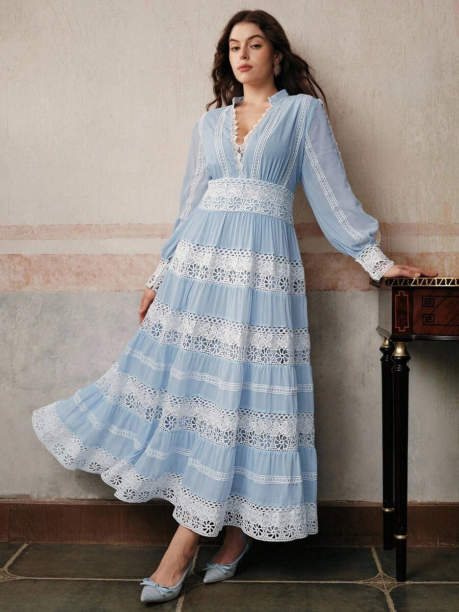 French Fashion Palace Hollow Splice Soft Lace Trim Maxi Dress