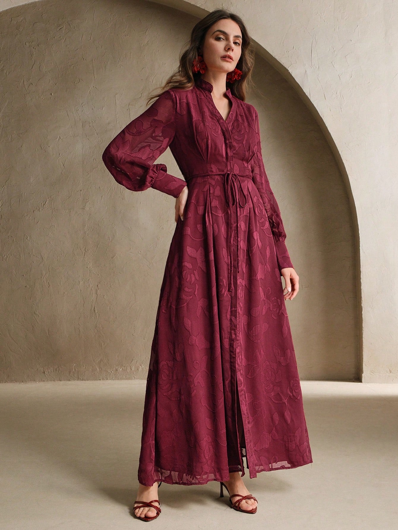 Elegant Floral V-Neck Lantern Sleeve Waist Cinched Dress