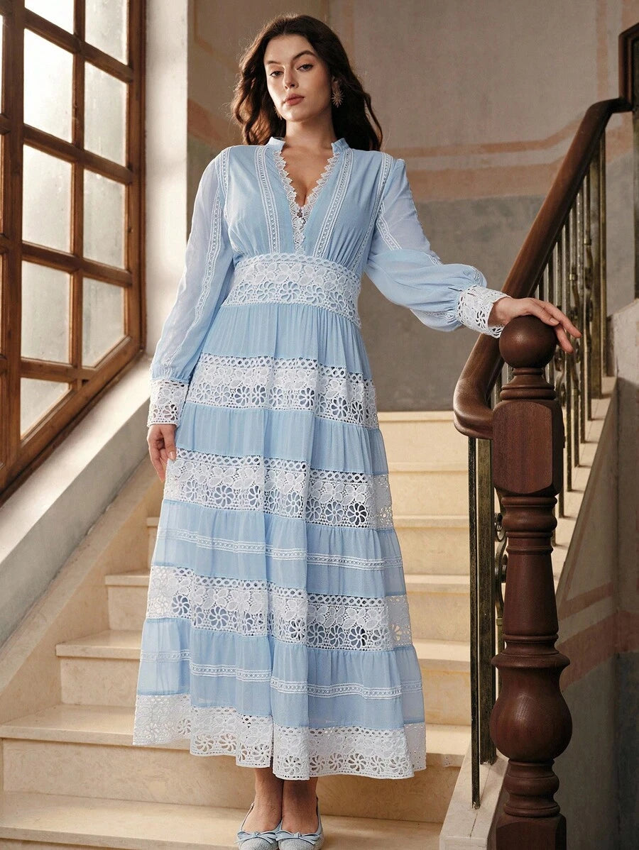 French Fashion Palace Hollow Splice Soft Lace Trim Maxi Dress