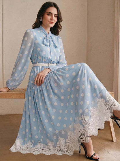 Women's Polka Dot Chiffon Lace Splice Tie Waist Elegant Dress