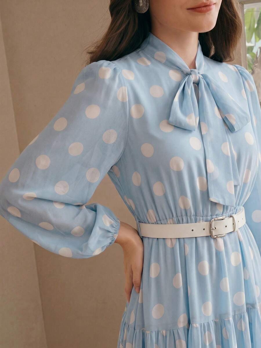 Women's Polka Dot Chiffon Lace Splice Tie Waist Elegant Dress