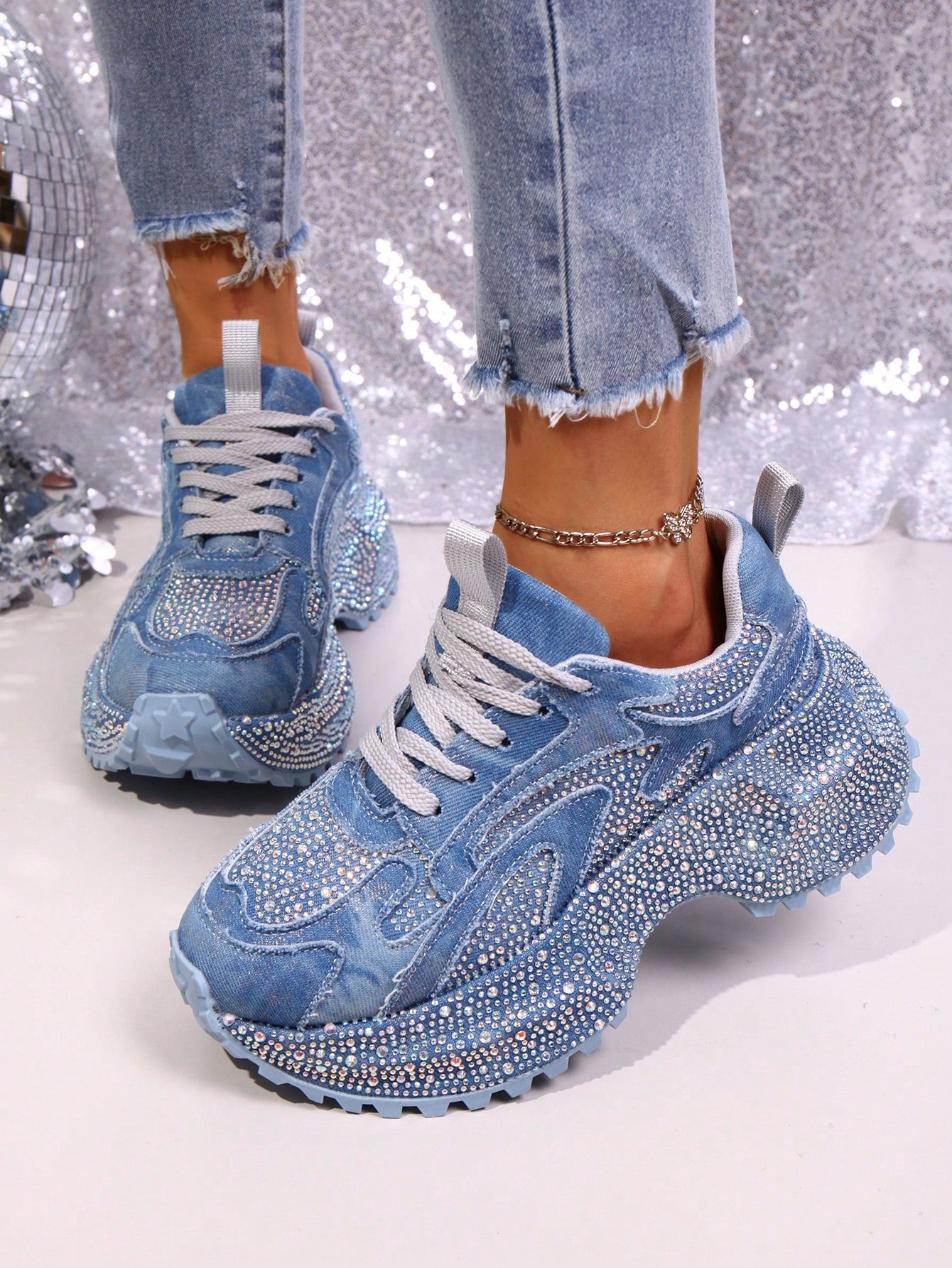 Heavy Washed Rhinestone Embellished Chunky Sneakers