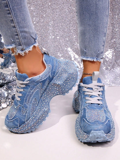 Heavy Washed Rhinestone Embellished Chunky Sneakers