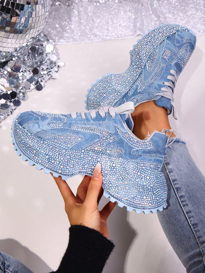 Heavy Washed Rhinestone Embellished Chunky Sneakers