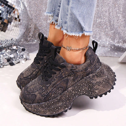 Heavy Washed Rhinestone Embellished Chunky Sneakers