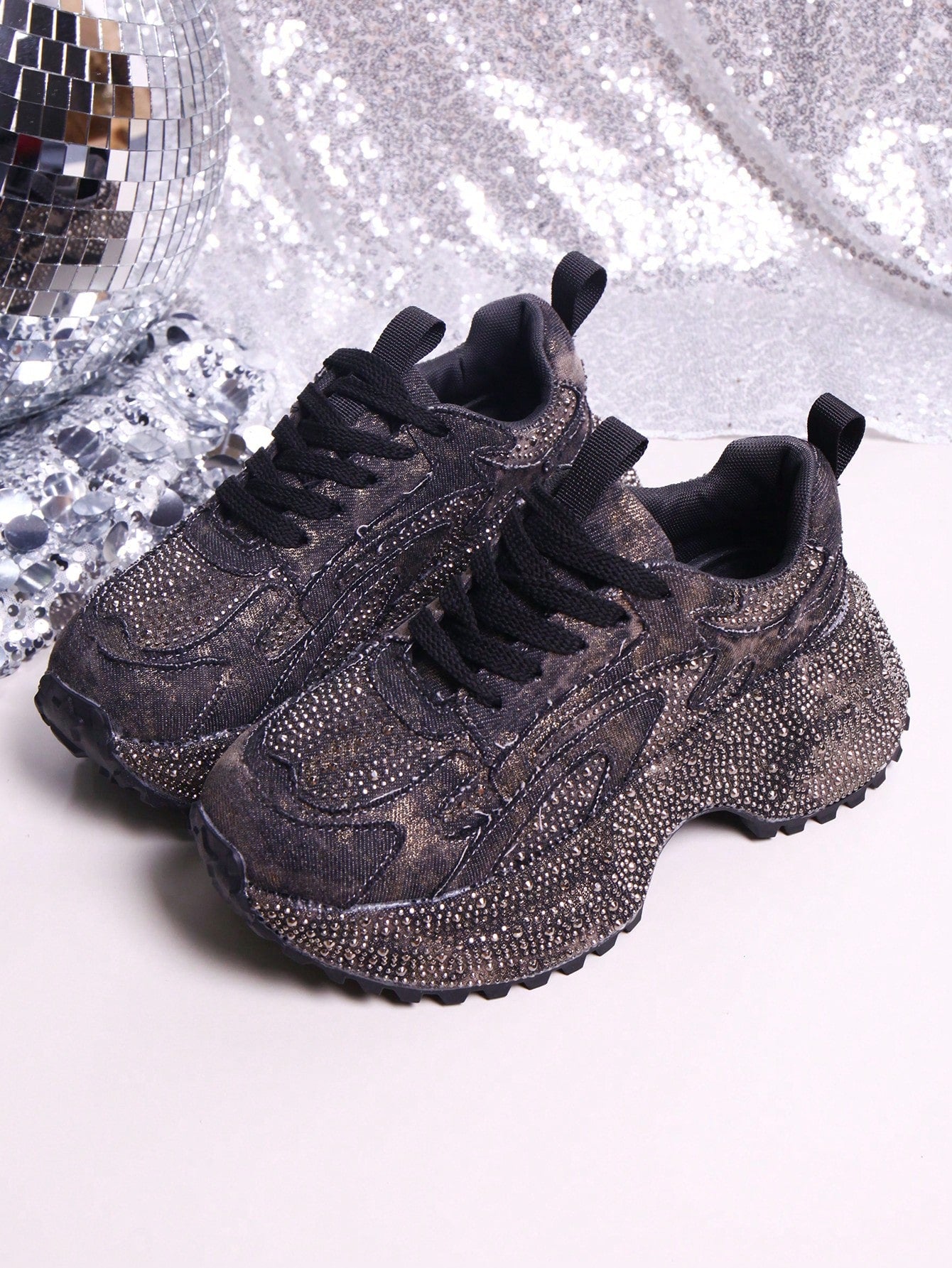 Heavy Washed Rhinestone Embellished Chunky Sneakers