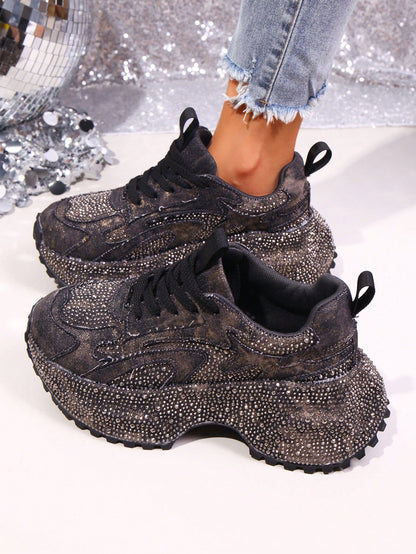Heavy Washed Rhinestone Embellished Chunky Sneakers