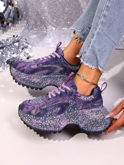 Heavy Washed Rhinestone Embellished Chunky Sneakers