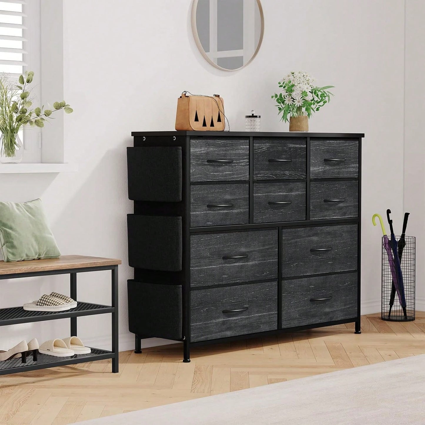 10 Drawer Fabric Storage Cabinet With Side Pockets & Hooks