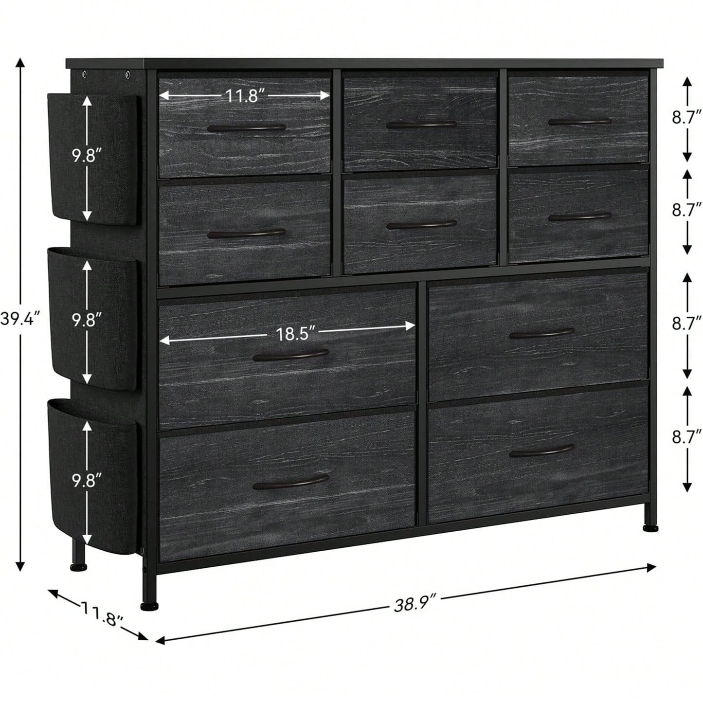 10 Drawer Fabric Storage Cabinet With Side Pockets & Hooks