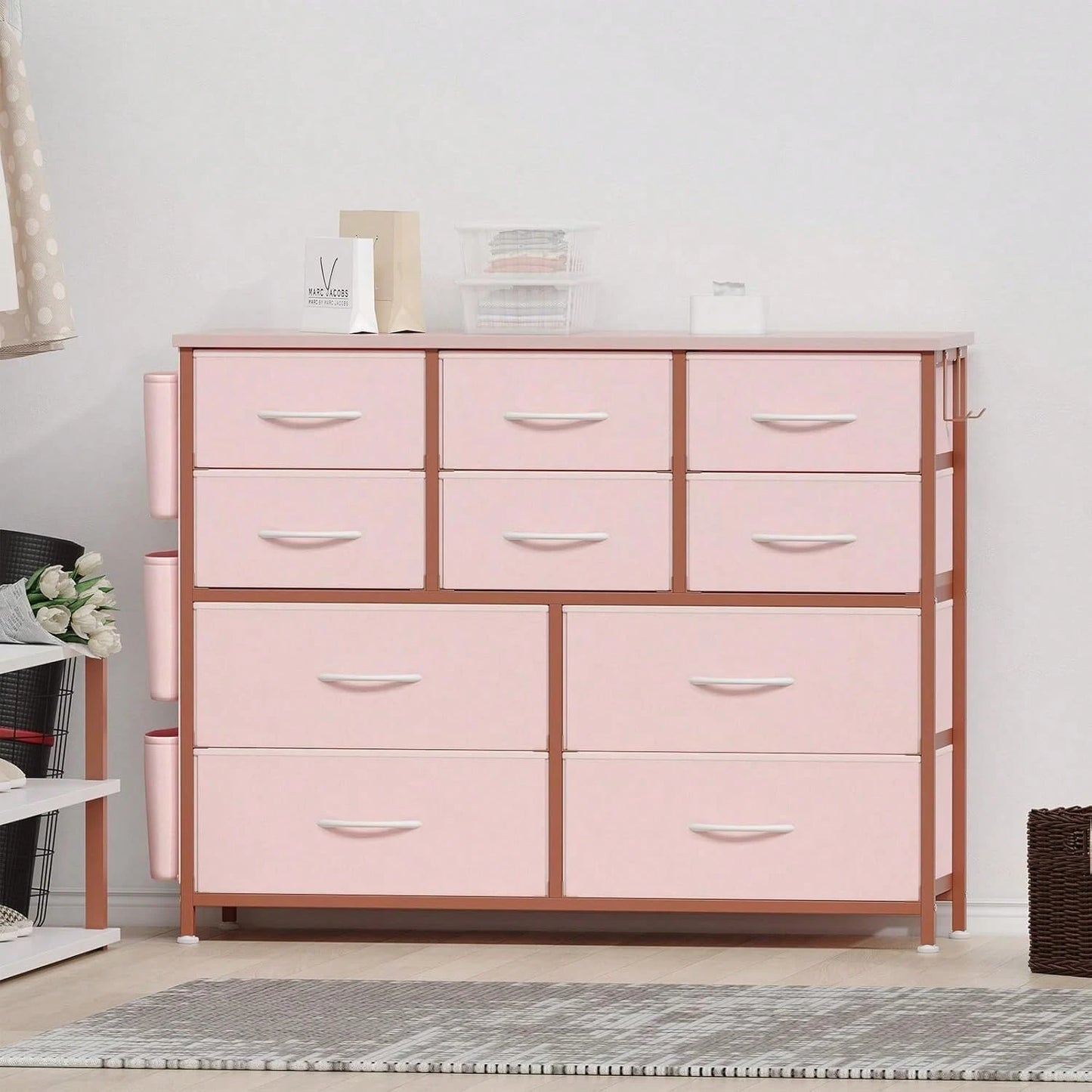 10 Drawer Fabric Storage Cabinet With Side Pockets & Hooks