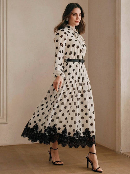 Women's Polka Dot Chiffon Lace Splice Tie Waist Elegant Dress