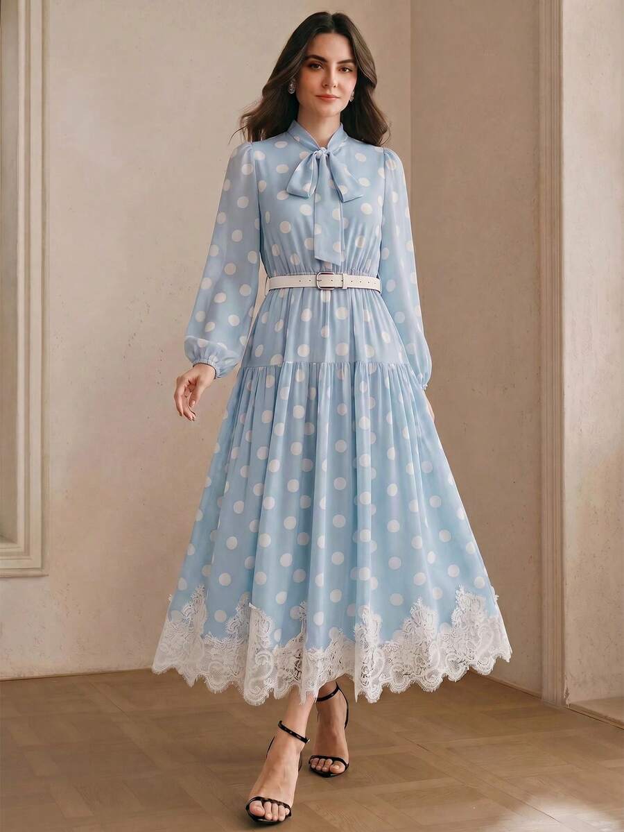 Women's Polka Dot Chiffon Lace Splice Tie Waist Elegant Dress