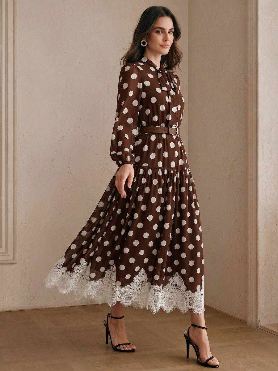 Women's Polka Dot Chiffon Lace Splice Tie Waist Elegant Dress