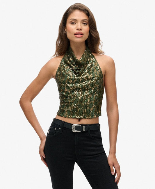 Halter Neck Sequin Slim Fit Top | Green Gold Sequin