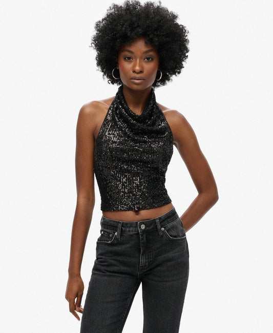 Halter Neck Sequin Slim Fit Top | Black Plain Sequin